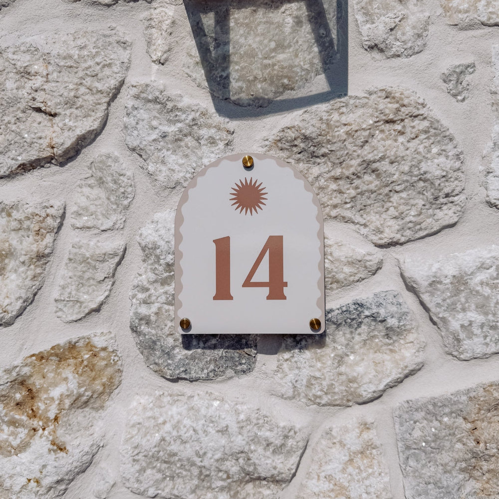 House number in Travertine with a luxurious stone coloured finish, ideal for upscale outdoor decor – Holidae Haus