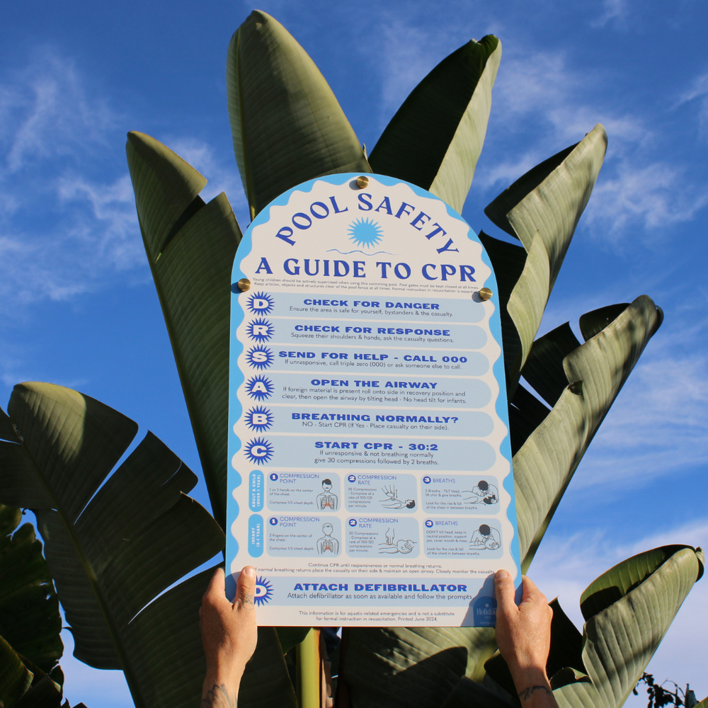 Powder blue CPR Pool Safety sign combining compliance and modern outdoor design – Holidae Haus