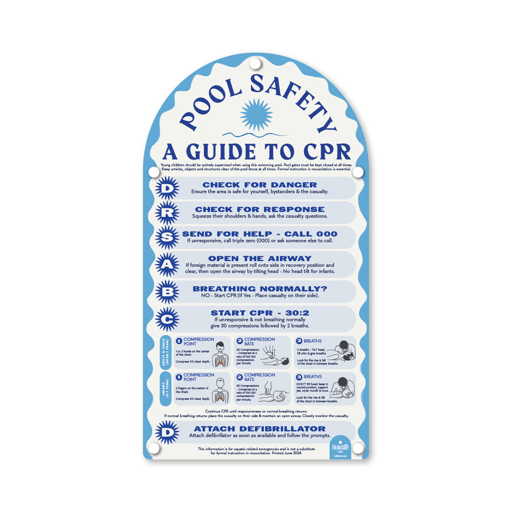 Powder blue CPR Pool Safety sign combining compliance and modern outdoor design – Holidae Haus