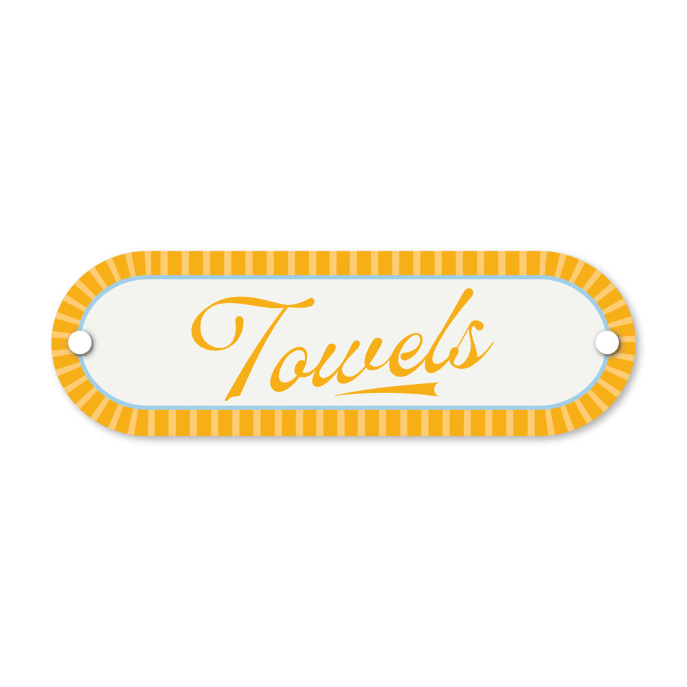 Decorative sign with 'Towels' text on a white background