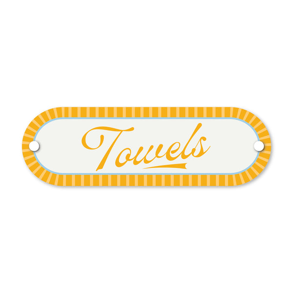Decorative sign with 'Towels' text on a white background