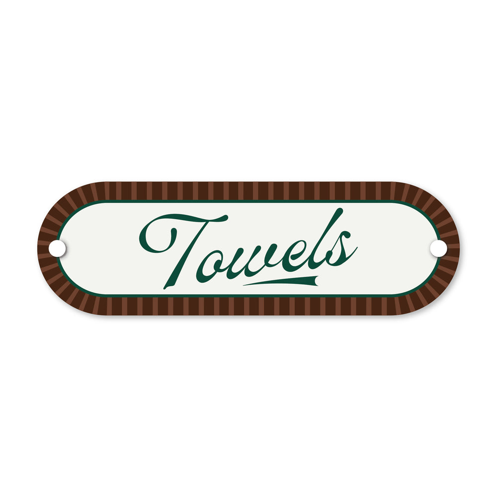 Decorative sign with 'Towels' text on a white background