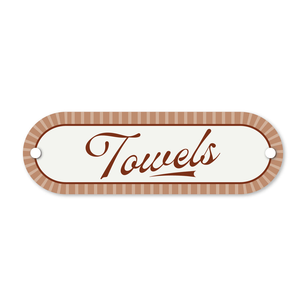 Decorative sign with 'Towels' text and striped border on a white background