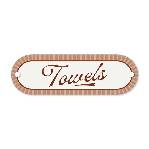 Decorative sign with 'Towels' text and striped border on a white background