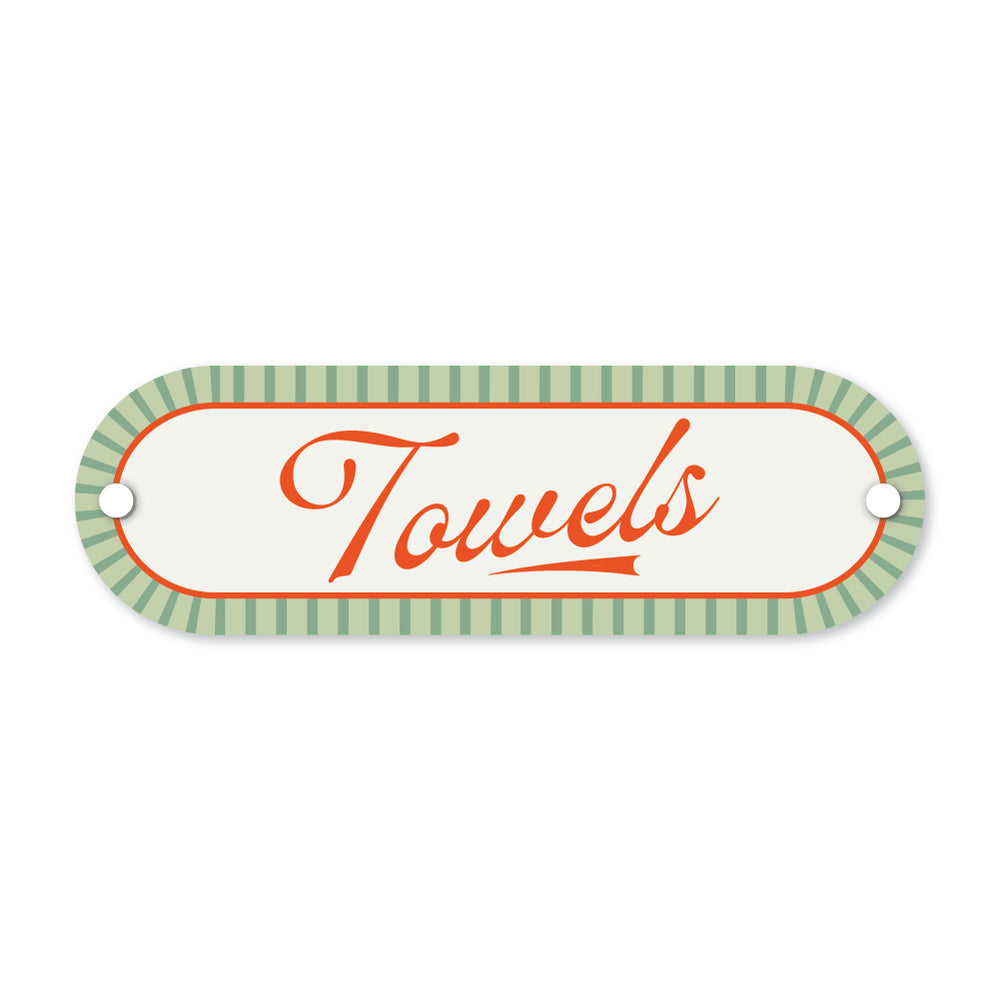 Decorative sign with 'Towels' text on a white background
