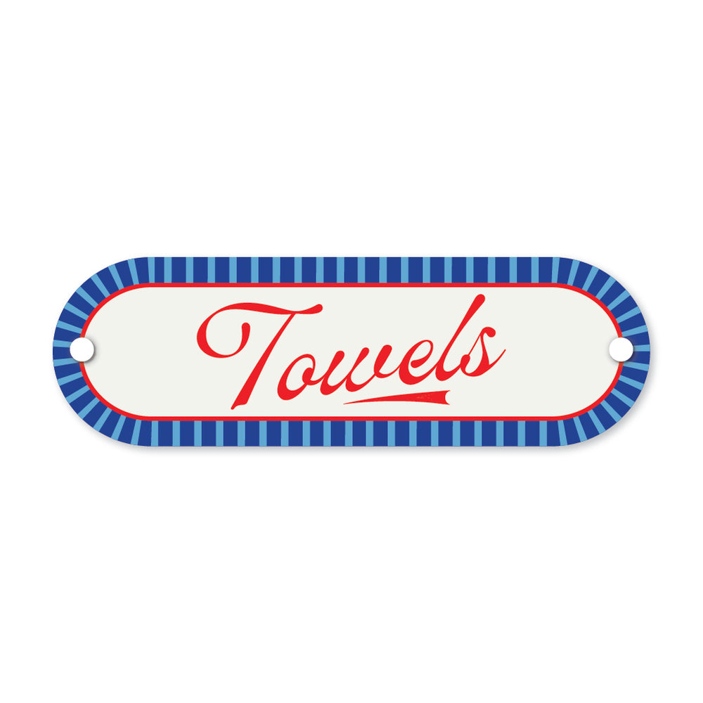 Decorative sign with 'Towels' text and blue striped border on a white background