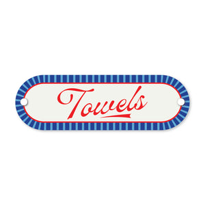 Decorative sign with 'Towels' text and blue striped border on a white background