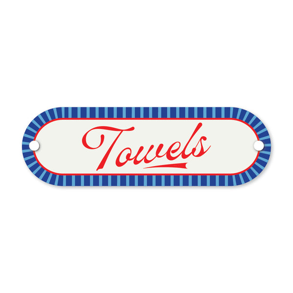 Decorative sign with 'Towels' text and blue striped border on a white background